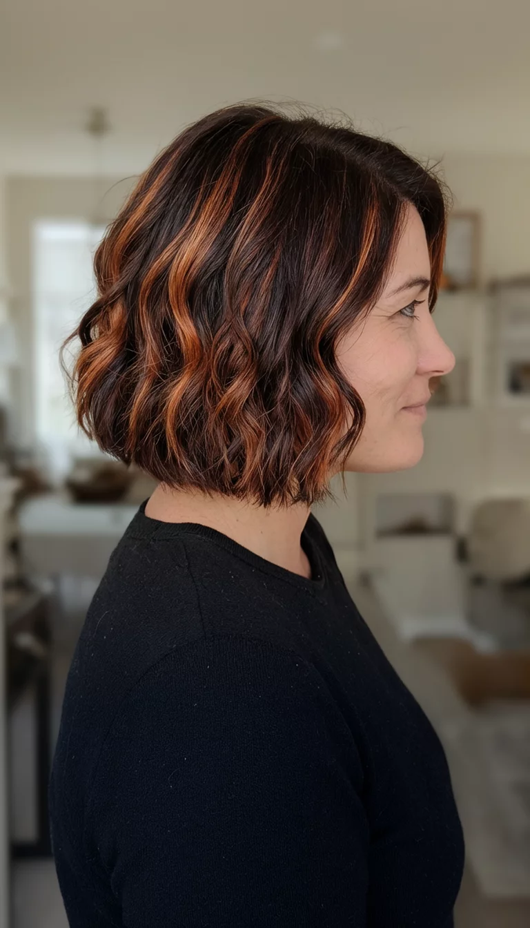casual photo of a 36-year-old woman wearing a black top with a dark brown and copper highlighted wavy bob hairstyle, side view, soft indoor lighting