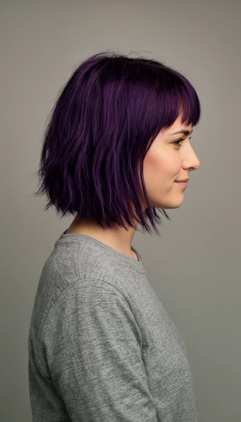 casual photo of a 26-year-old woman wearing a grey shirt with a dark purple tinted choppy bob hairstyle, side view, neutral studio background