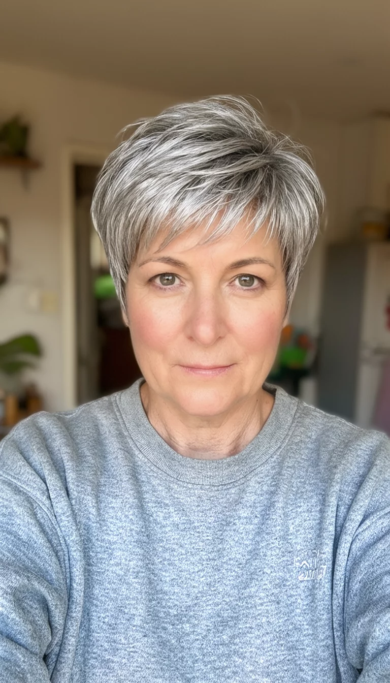 selfie of a 48-year-old woman wearing a grey sweatshirt with a silver-grey colored layered pixie hairstyle, front view, casual domestic background