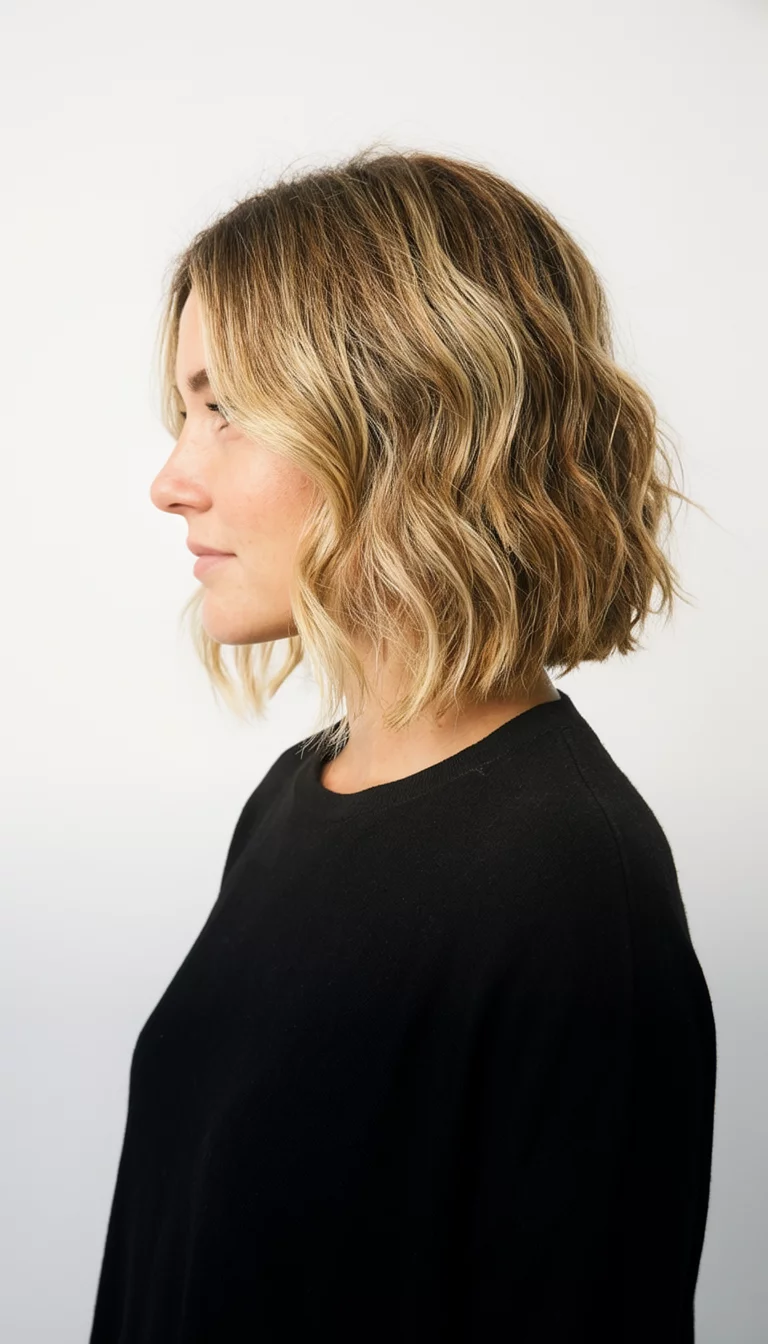 casual photo of a 32-year-old woman wearing a black top with a blonde and brown wavy bob hairstyle, side profile, minimalist studio background