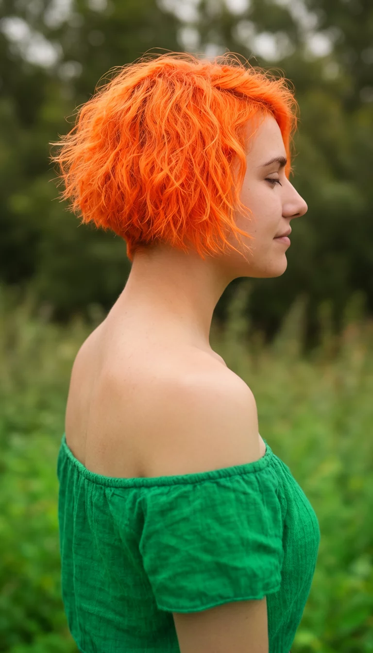 casual photo of a 22-year-old woman wearing a green off-the-shoulder top with a vibrant orange colored short messy hairstyle, side profile, outdoor natural background