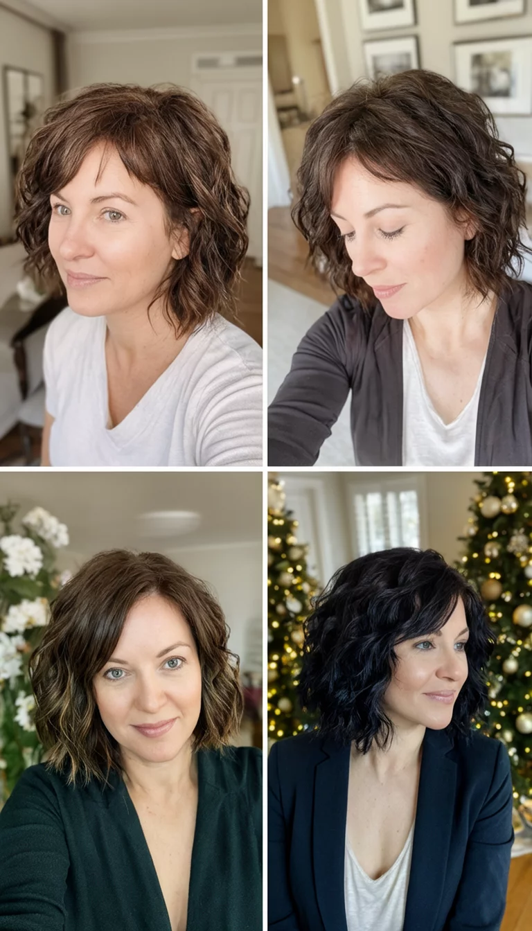 selfie of three women in a collage featuring short brown and dark wavy hairstyles, various views, mixed indoor and festive backgrounds