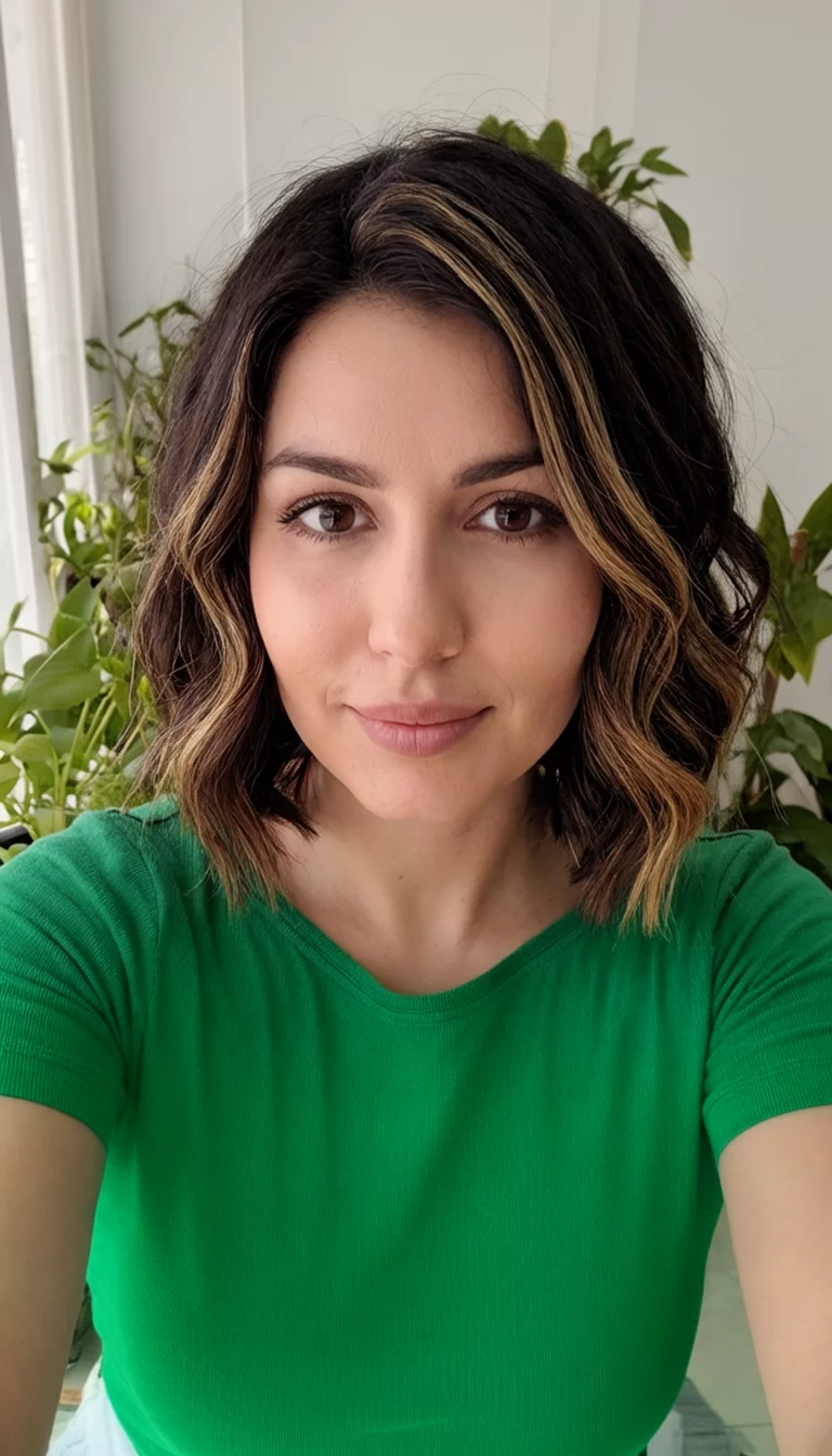 selfie of a 29-year-old woman wearing a green top with a dark wavy bob and brown and blonde highlights, front view, indoor background with plants