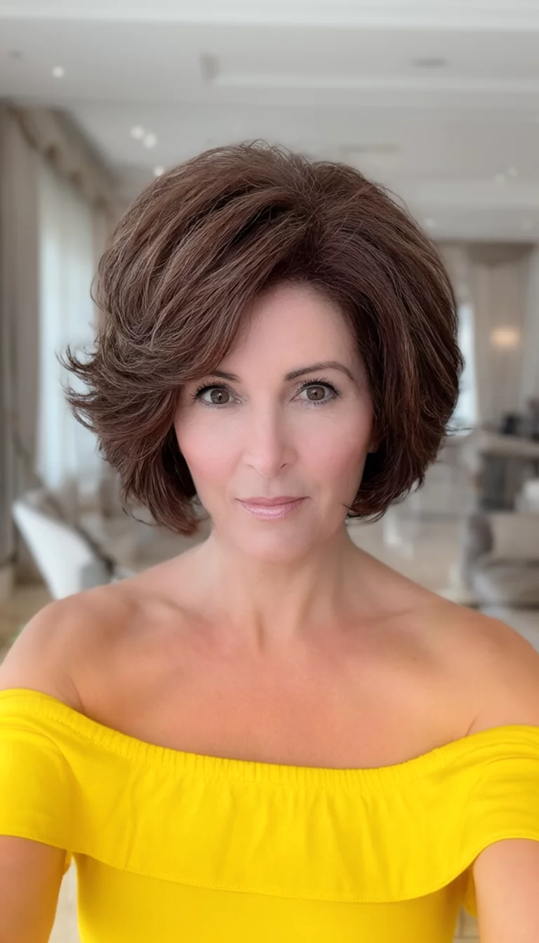 selfie of a 42-year-old woman wearing a yellow off-the-shoulder top with a toasted walnut brown colored short voluminous hairstyle, front view, elegant indoor setting