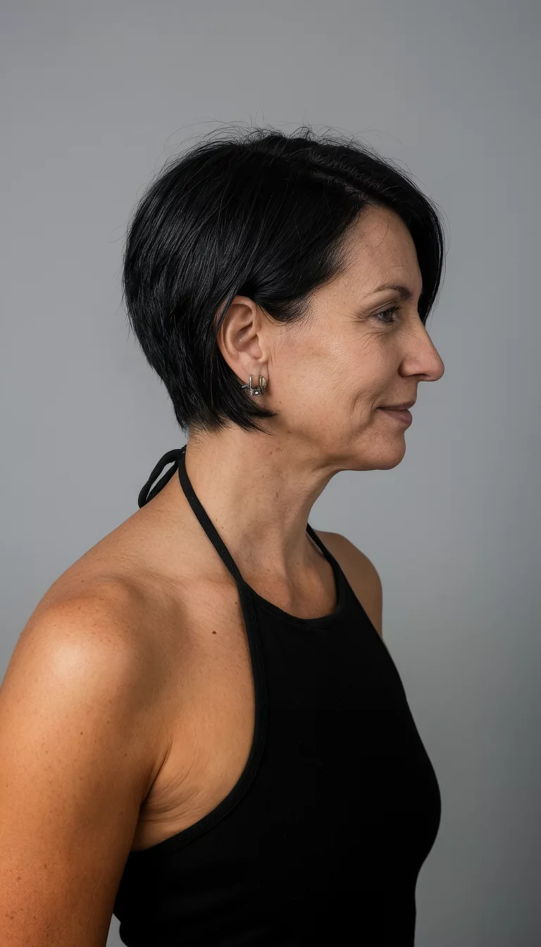 casual photo of a 35-year-old woman wearing a black halter top with a black colored short styled hairstyle, side view, simple grey background