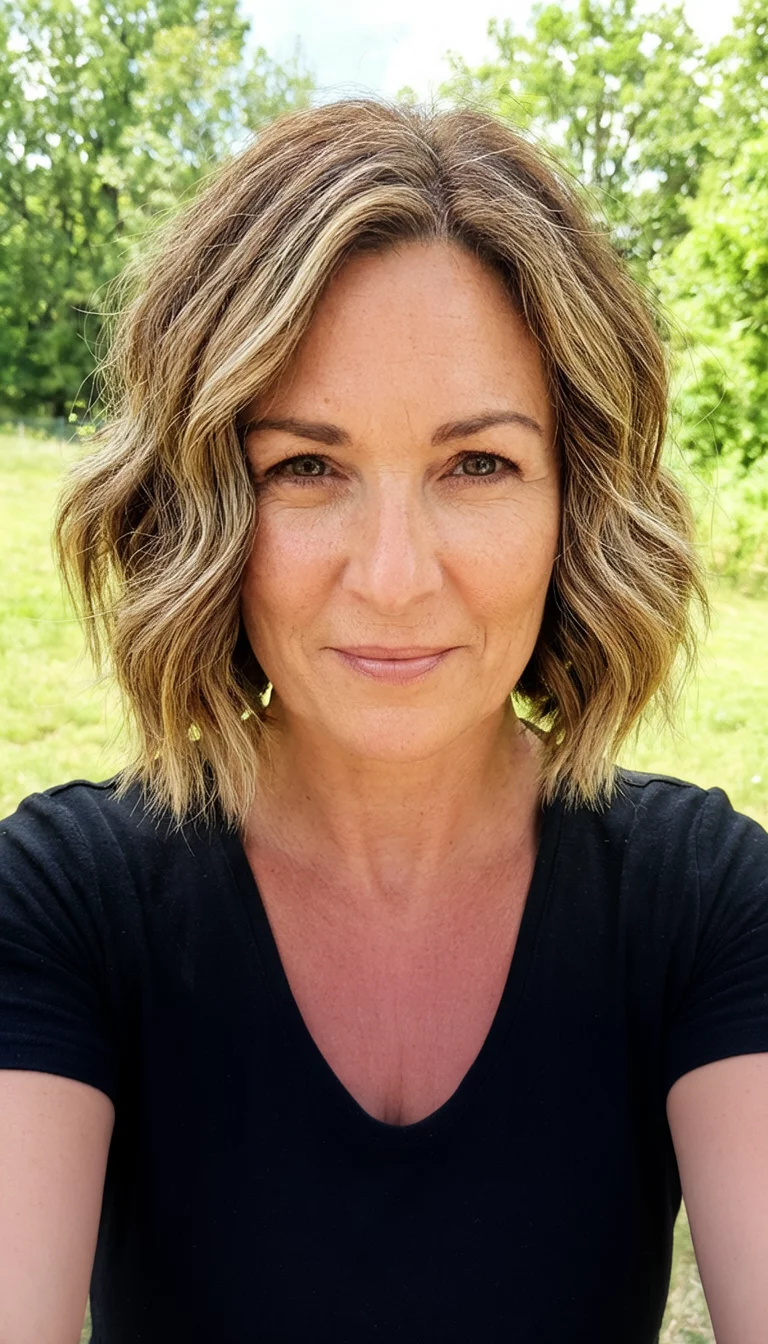 selfie of a 38-year-old woman with a sun-kissed complexion wearing a black top with a brown and blonde highlighted wavy bob hairstyle, front view, bright outdoor lighting