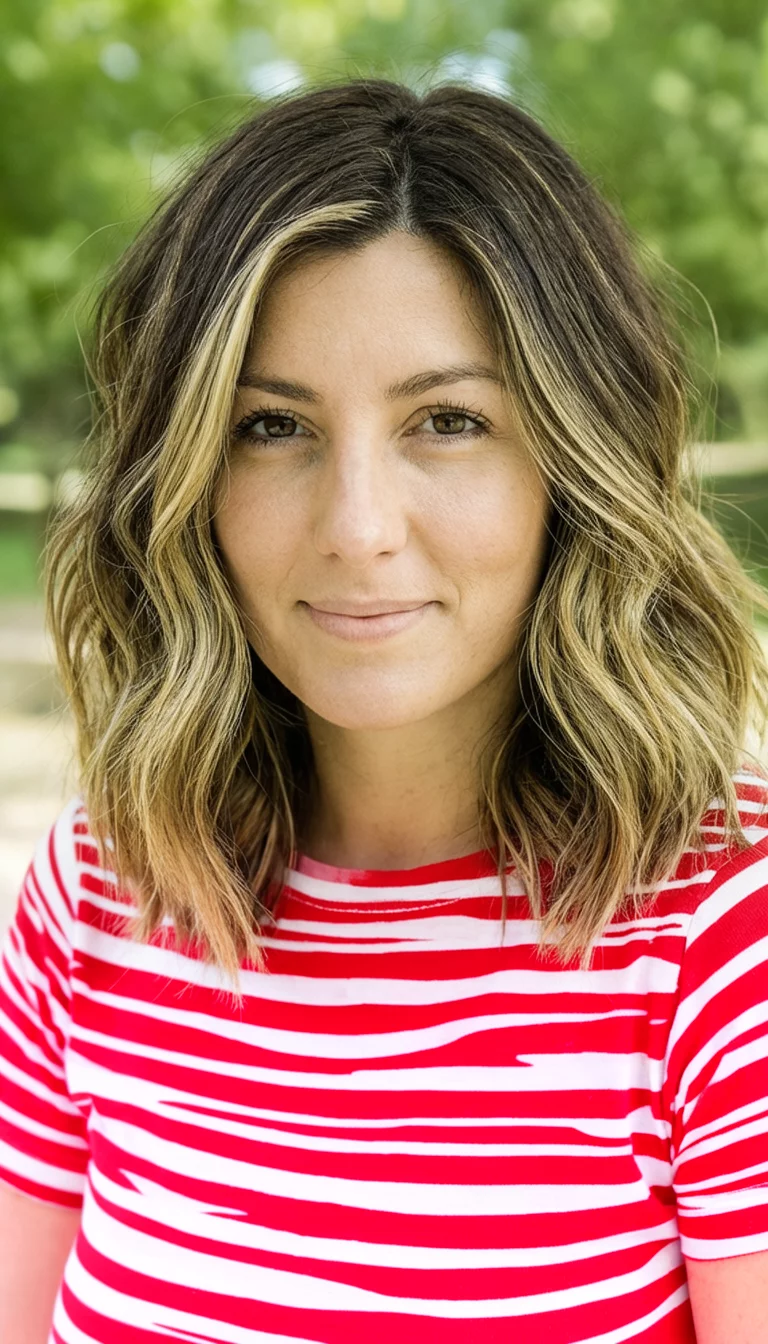 casual photo of a 27-year-old woman wearing a red and white striped top with a brown and blonde highlighted shoulder-length wavy hairstyle, close-up view, bright natural light