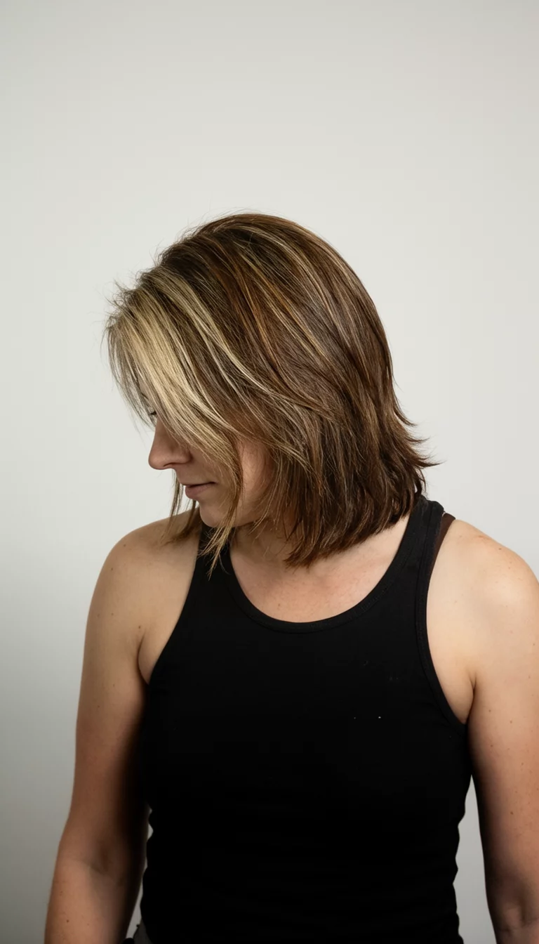 casual photo of a 31-year-old woman wearing a black tank top with a brown and blonde highlighted medium-length hairstyle, side view looking down, neutral studio background