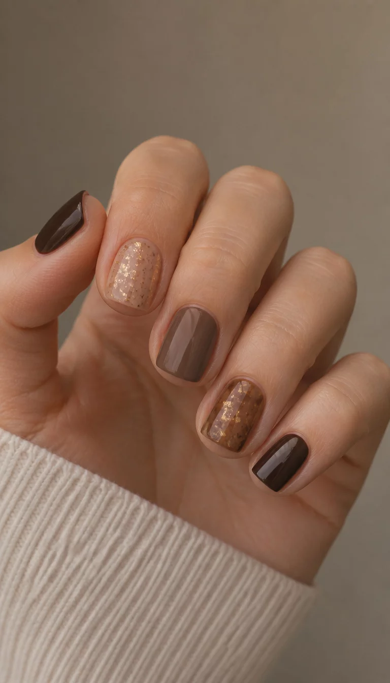 close-up shot of a woman’s hand with five fingers showing short nails, square nails with a mix of dark brown, sheer tan with gold flakes, and solid muted brown, soft minimalist background.