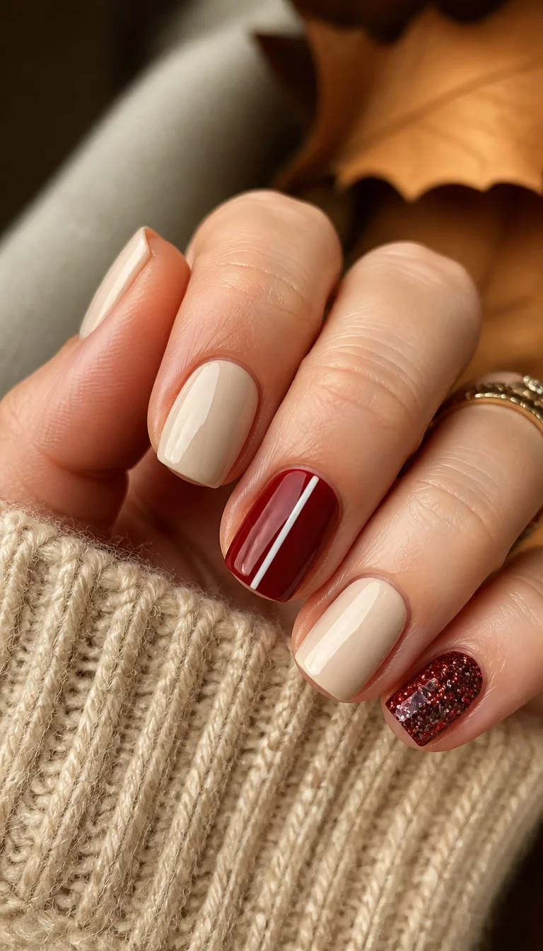 close-up shot of a woman’s hand with five fingers showing short nails, square nails with creamy beige solid polish, deep red with a white stripe, and glittery deep red, soft fall light.