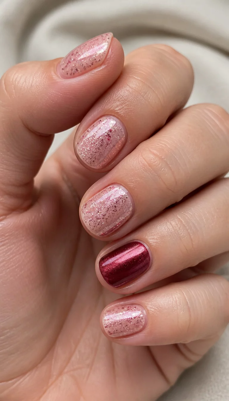 close-up shot of a woman’s hand with five fingers showing short nails, rounded nails featuring a light shimmering pink base with flecks of rose gold and deep pink glitter and one dark pink-red metallic nail.