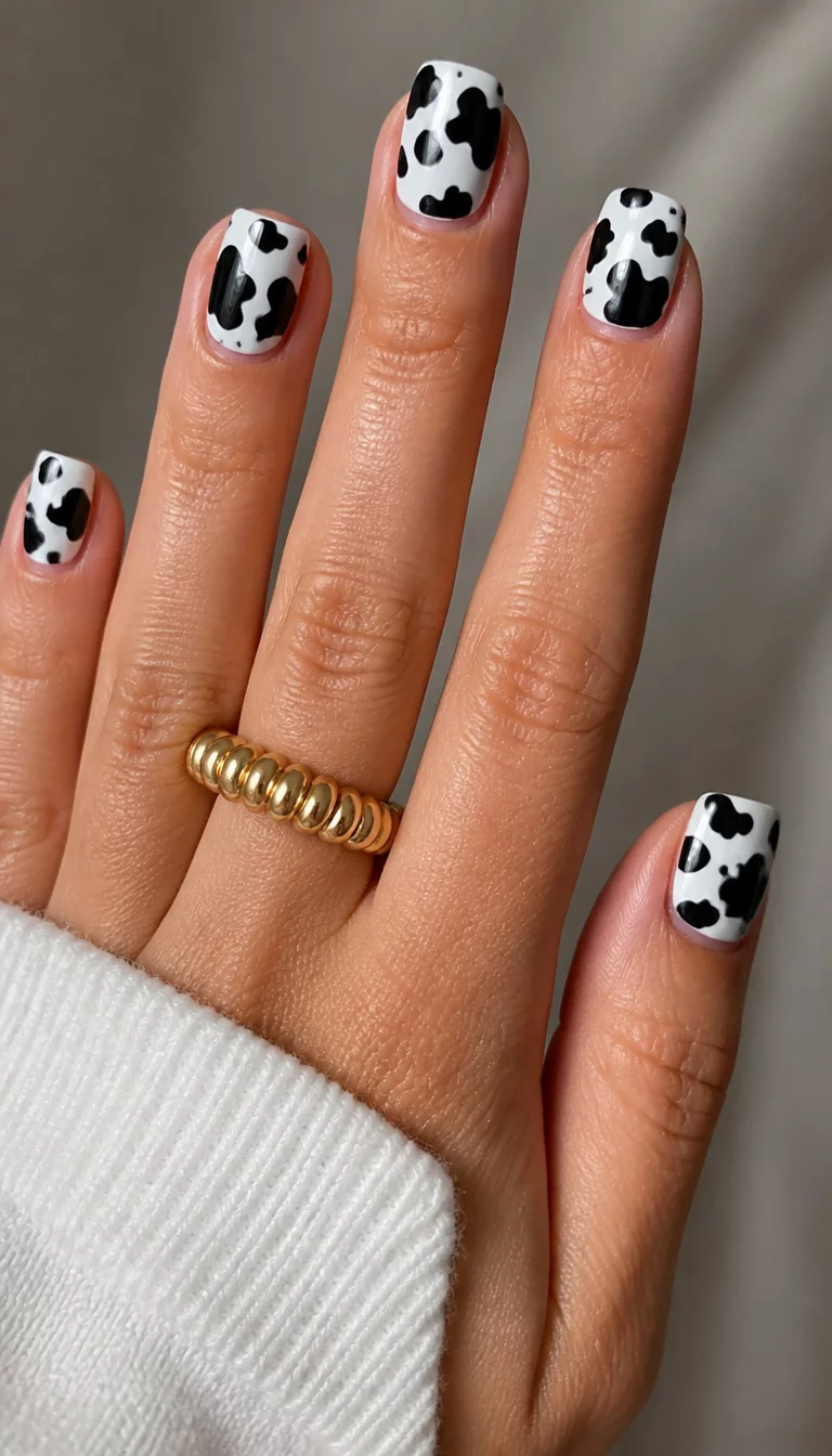 close-up shot of a woman’s hand with five fingers showing short nails, square nails with a bold black and white cow print design, coiled gold ring.