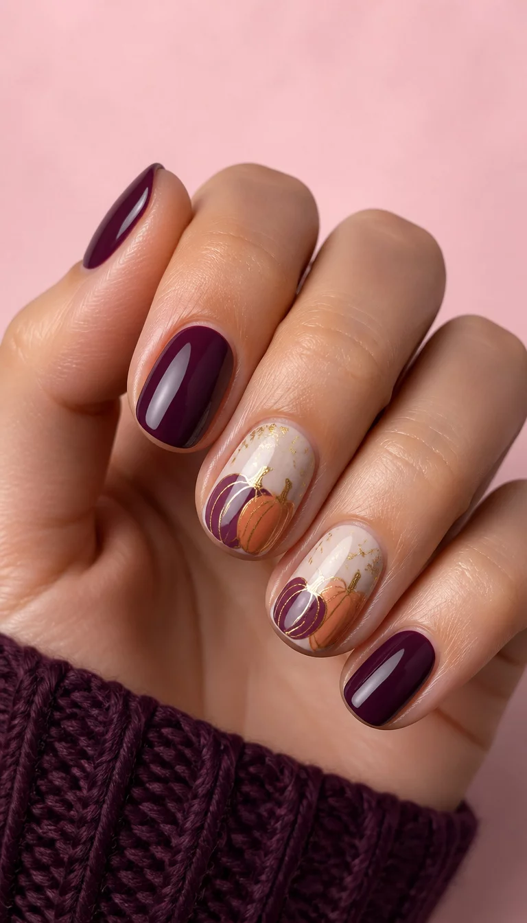 close-up shot of a woman’s hand with five fingers showing short nails, oval shape with a deep plum polish and two accent nails featuring abstract pumpkin designs with subtle gold accents against a light pink background.