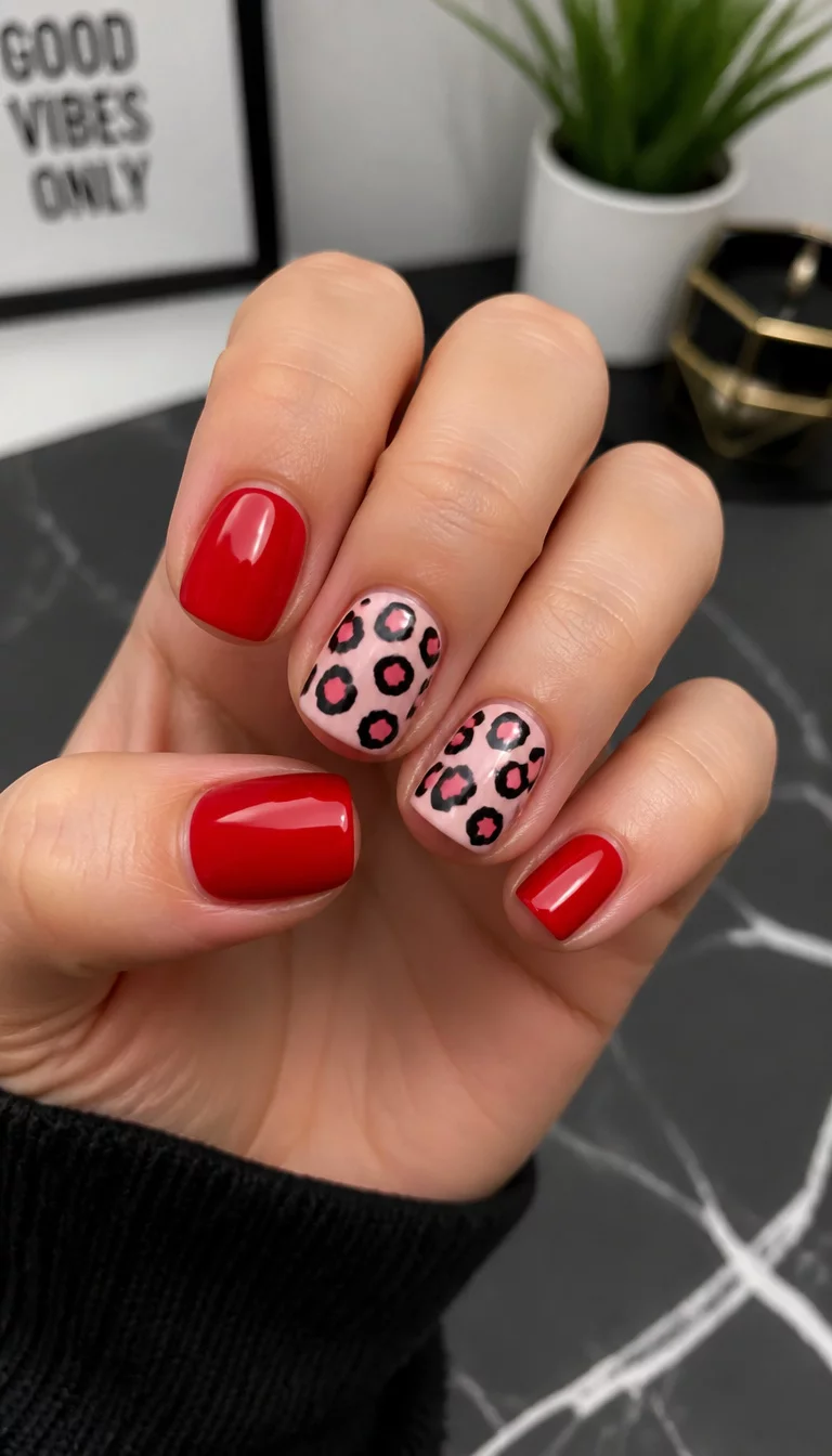 close-up shot of a woman’s hand with five fingers showing short nails, square nails with red polish and two accent nails featuring a pink base and a black and pink leopard print design, modern background.
