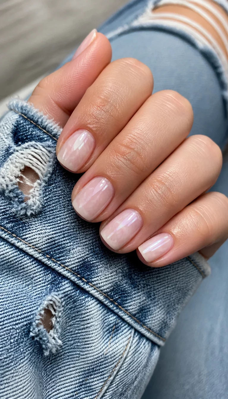 close-up shot of a woman’s hand with five fingers showing short nails, sheer milky pink base color with a subtle pearlescent finish creating a marble-like effect, paired with ripped denim.