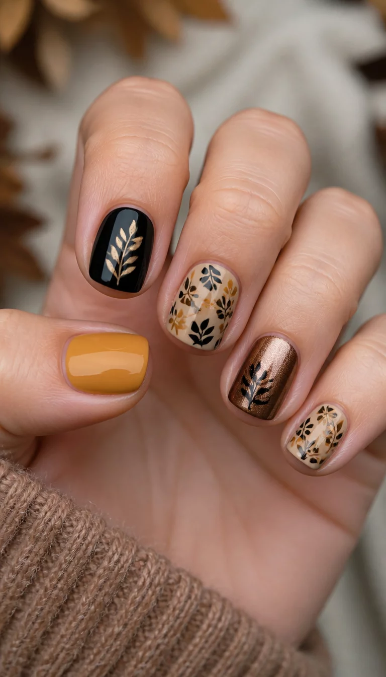 close-up shot of a woman’s hand with five fingers showing short nails, mustard yellow, black with leaf art, leaf patterns on light tan base, and metallic bronze with leaf designs.