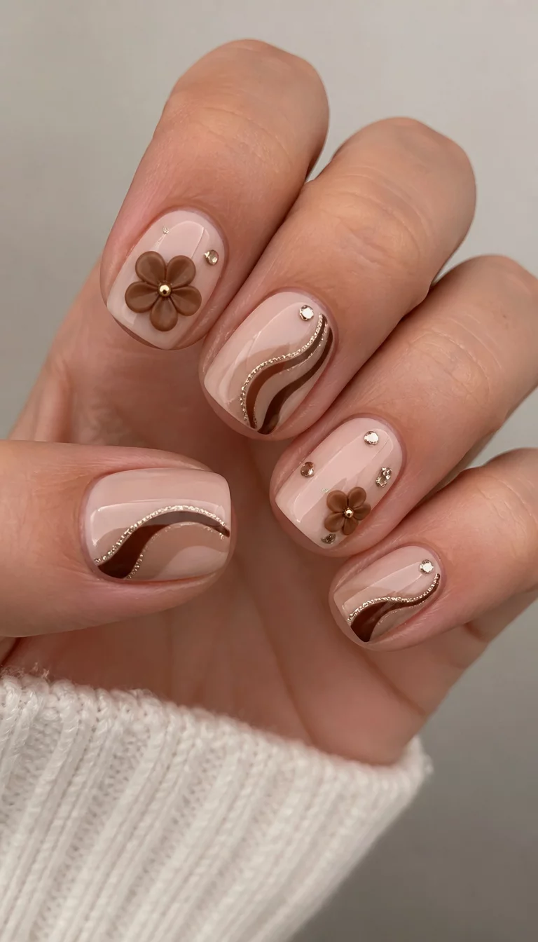 close-up shot of a woman’s hand with five fingers showing short nails, square-shaped with a mix of brown floral appliqués, abstract brown swirls, and rhinestone embellishments, neutral background.