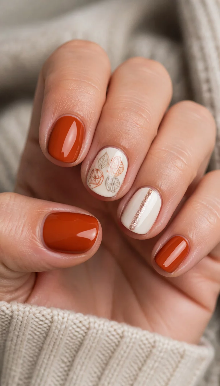 close-up shot of a woman’s hand with five fingers showing short nails, rounded nails with solid burnt orange, white with delicate leaf outlines, and a white nail with a glittery stripe.