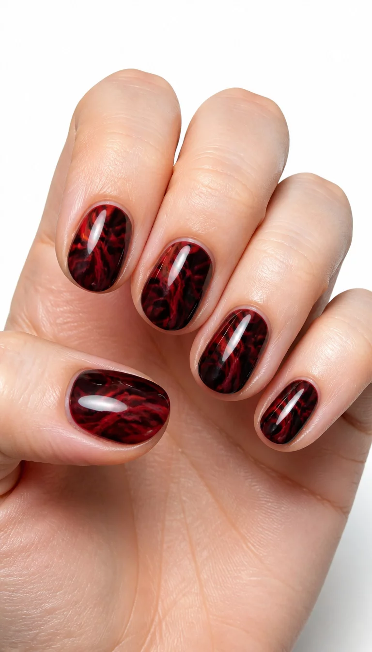 close-up shot of a woman’s hand with five fingers showing short nails, oval-shaped nails with a striking dark red and black marble design and a glossy finish, white background.