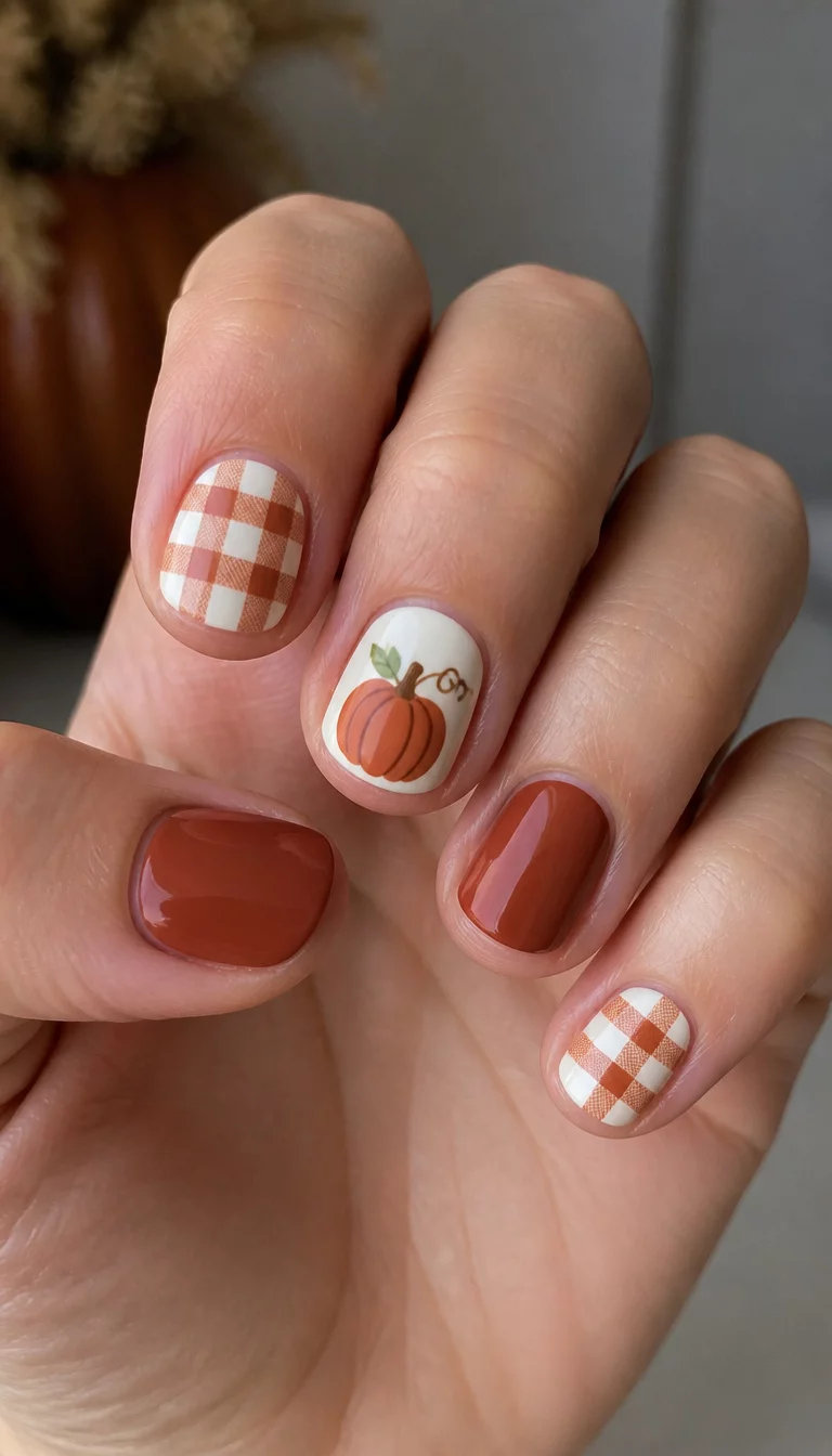 close-up shot of a woman’s hand with five fingers showing short nails, rounded nails with rust-colored solid polish, white nails with checkered patterns, and white nails with painted pumpkins.