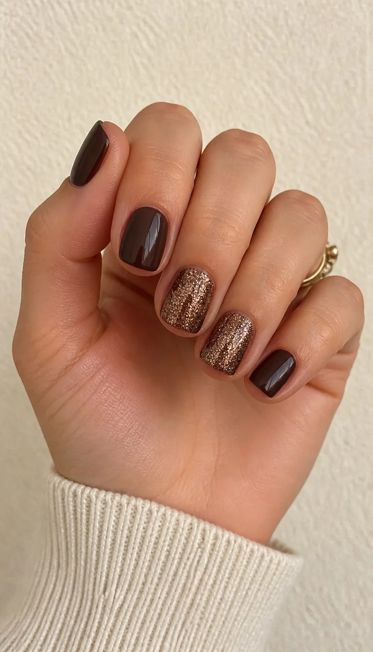 close-up shot of a woman’s hand with five fingers showing short nails, squared-off shape with a deep brown polish and two accent nails featuring a dazzling bronze glitter design, textured cream background.