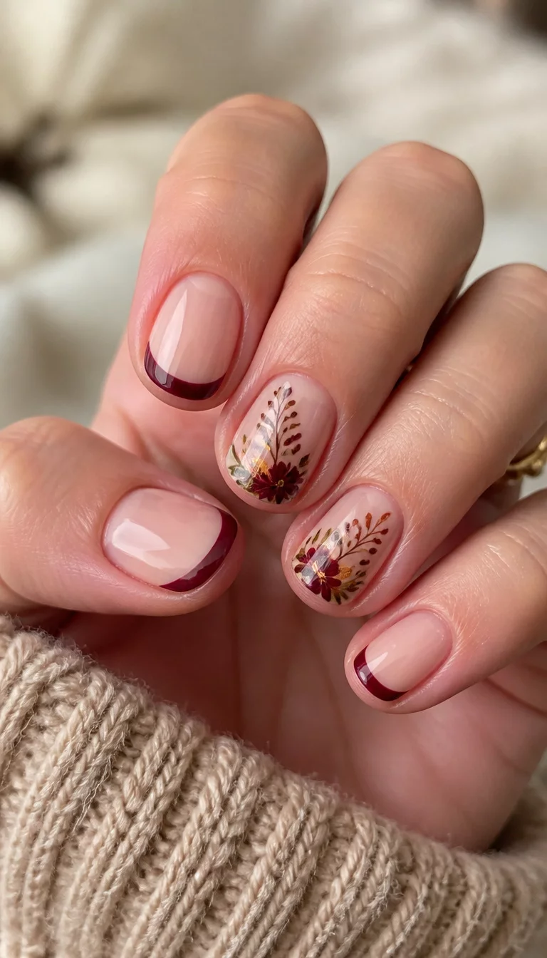 close-up shot of a woman’s hand with five fingers showing short nails, natural nails with a French tip design in deep burgundy and two accent nails with delicate floral designs in fall colors.