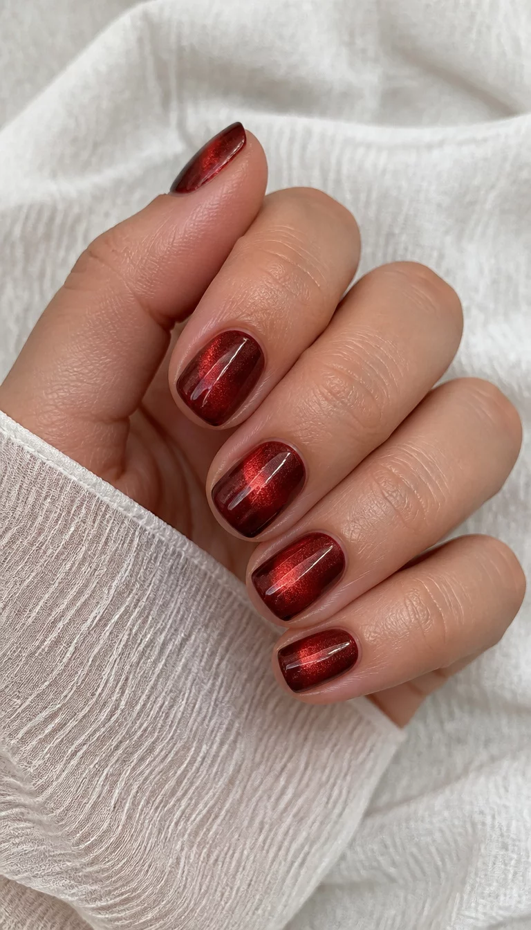 close-up shot of a woman’s hand with five fingers showing short nails, rounded shape in a deep metallic red with a cat-eye effect, white textured fabric background.