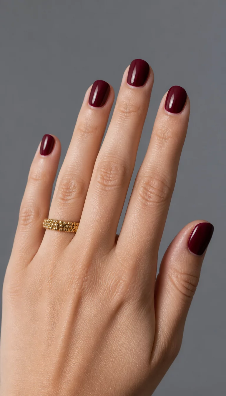 close-up shot of a woman’s hand with five fingers showing short nails, rounded shape painted with a rich deep burgundy color and a textured gold ring on one finger, plain gray background.
