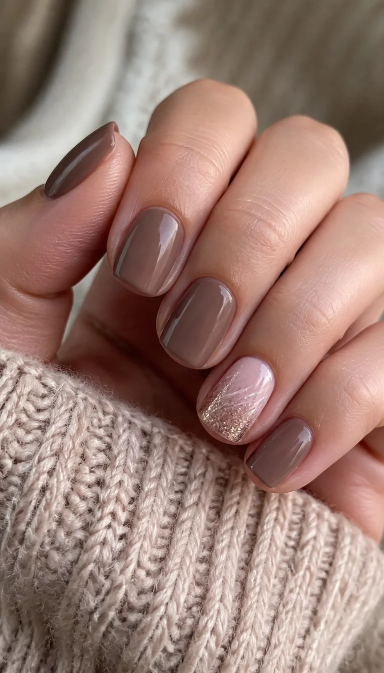 close-up shot of a woman’s hand with five fingers showing short nails, square nails with soft brown polish and one accent nail with a light pink base featuring a gradient of glitter and white streaks, cozy sweater background.