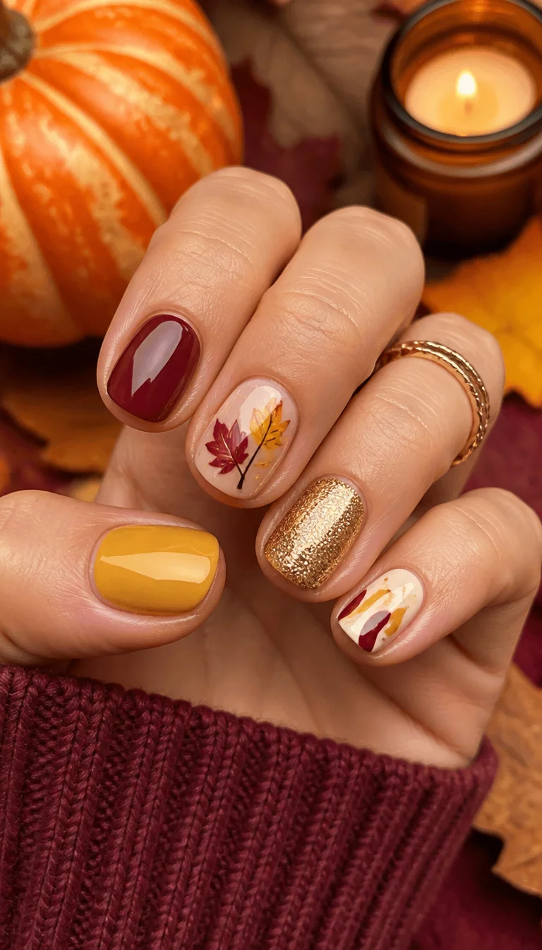 close-up shot of a woman’s hand with five fingers showing short nails, solid yellow, burgundy, and glitter accents with some featuring abstract designs or fall leaves, various fall-themed backgrounds.
