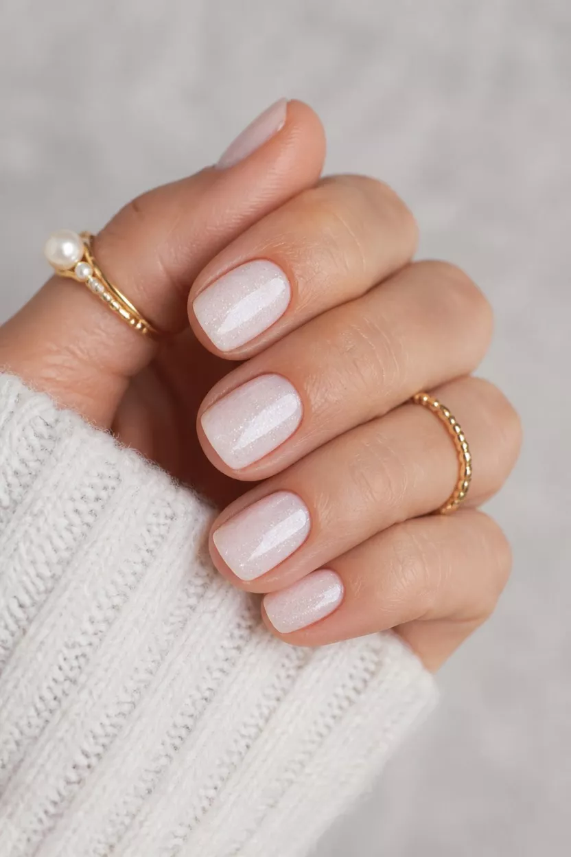 close-up shot of a woman’s hand with five fingers showing short, rounded nails with a milky white polish and a fine, subtle sparkle or shimmer effect, gold pearl rings.