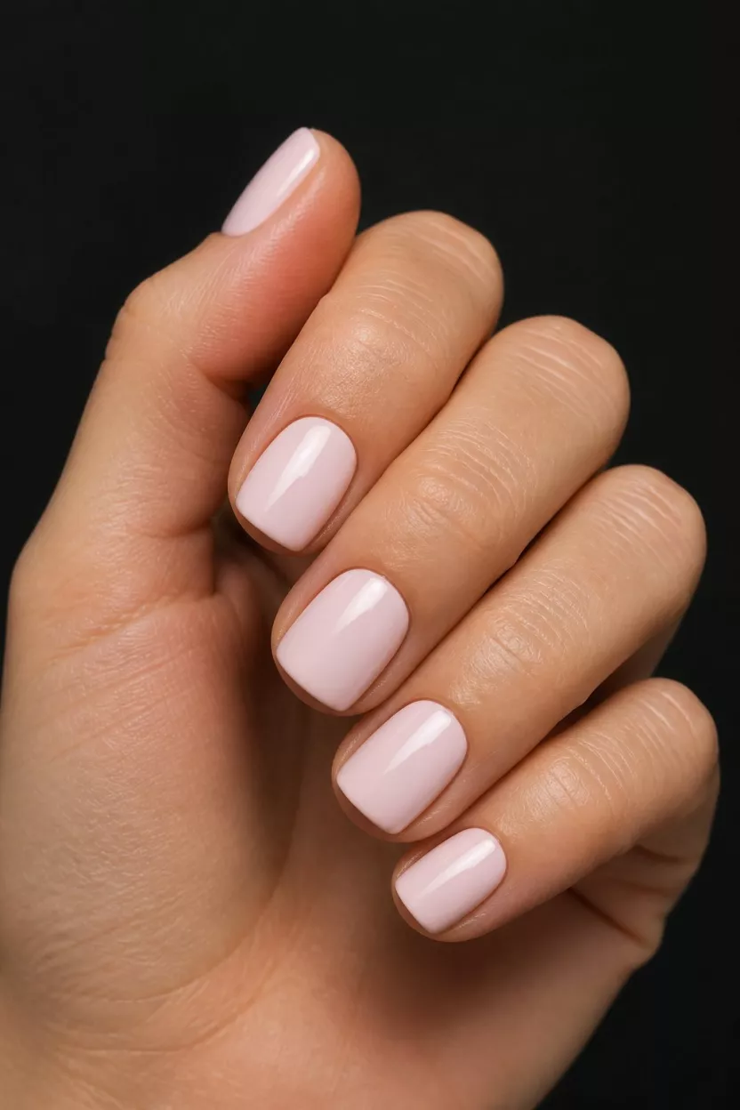 close-up shot of a woman’s hand with five fingers showing short, square light pink nails with an opaque, milky finish, a dark background.