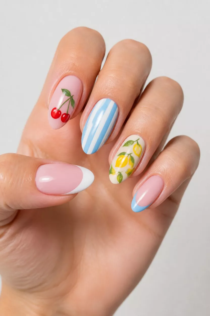 close-up shot of a woman’s hand with five fingers showing almond-shaped nails with summer fruit designs like cherries and lemons, blue and white stripes, and soft French tips, a light background.