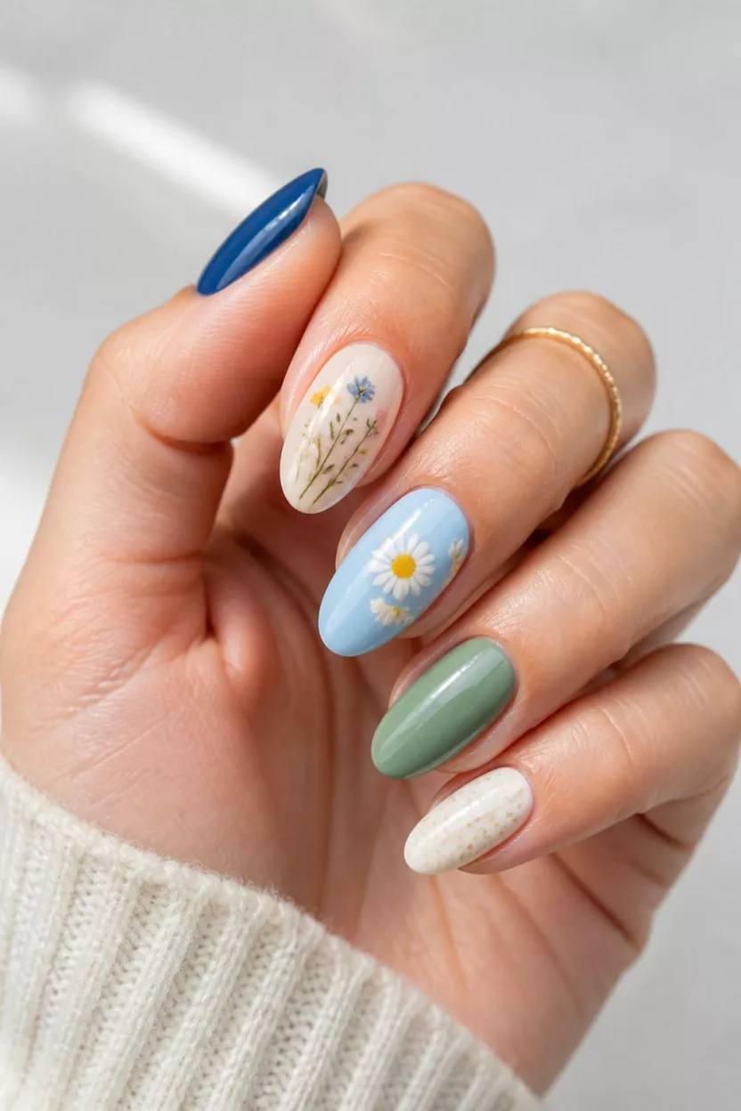 close-up shot of a woman’s hand with five fingers showing a variety of nail designs including blue solid color, wildflower art, and light blue with white daisies, a light background.