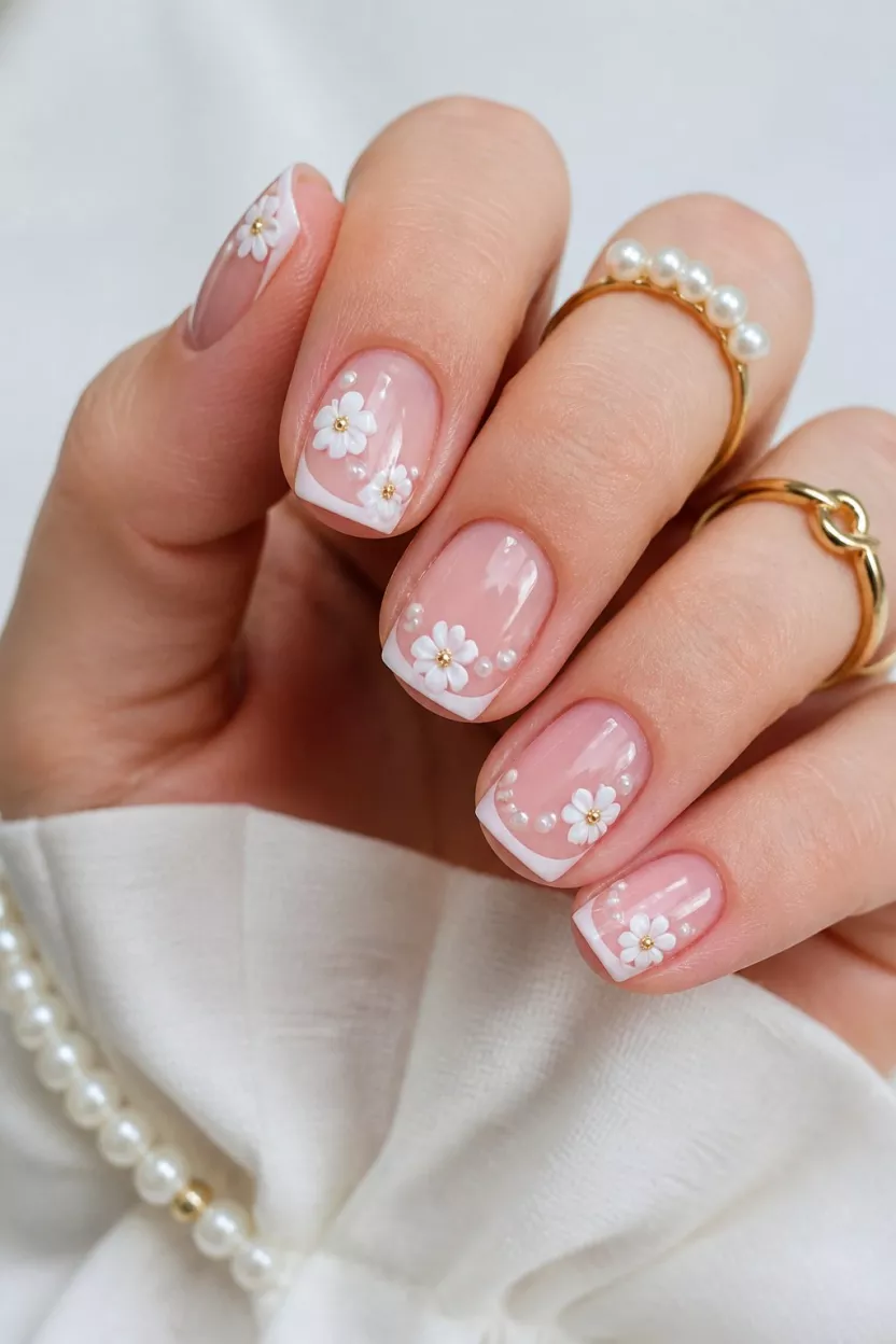 close-up shot of a woman’s hand with five fingers showing short, squoval nails with a sheer base, delicate white tip French manicures, gold-centered white flowers, and pearl jewelry details.