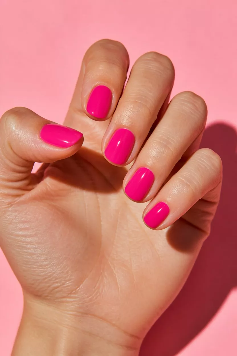 close-up shot of a woman’s hand with five fingers showing short, oval nails uniformly painted in a bright, glossy shocking pink color, a soft pink background with defined shadows.