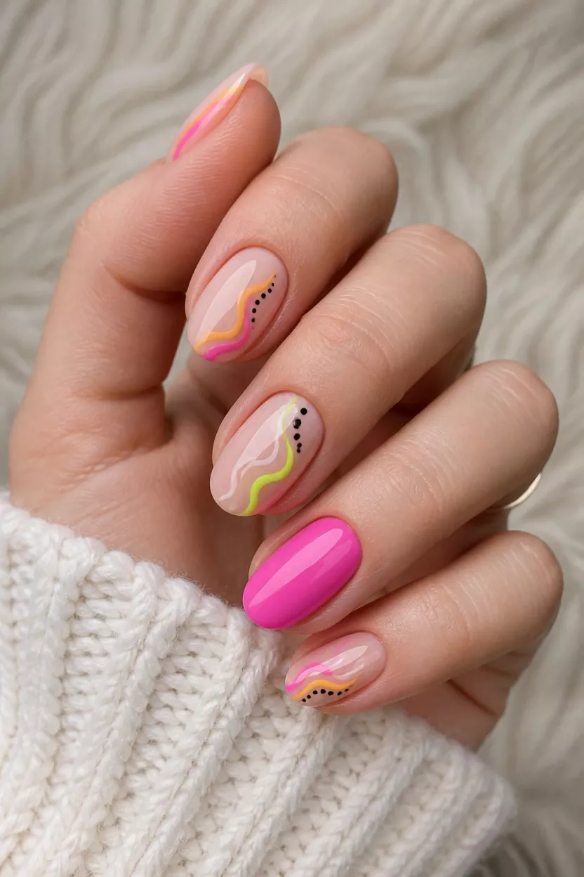 close-up shot of a woman’s hand with five fingers showing short, almond-shaped nails with nude bases featuring abstract wavy neon lines, small dots, and one solid bright pink nail, a fuzzy backdrop.