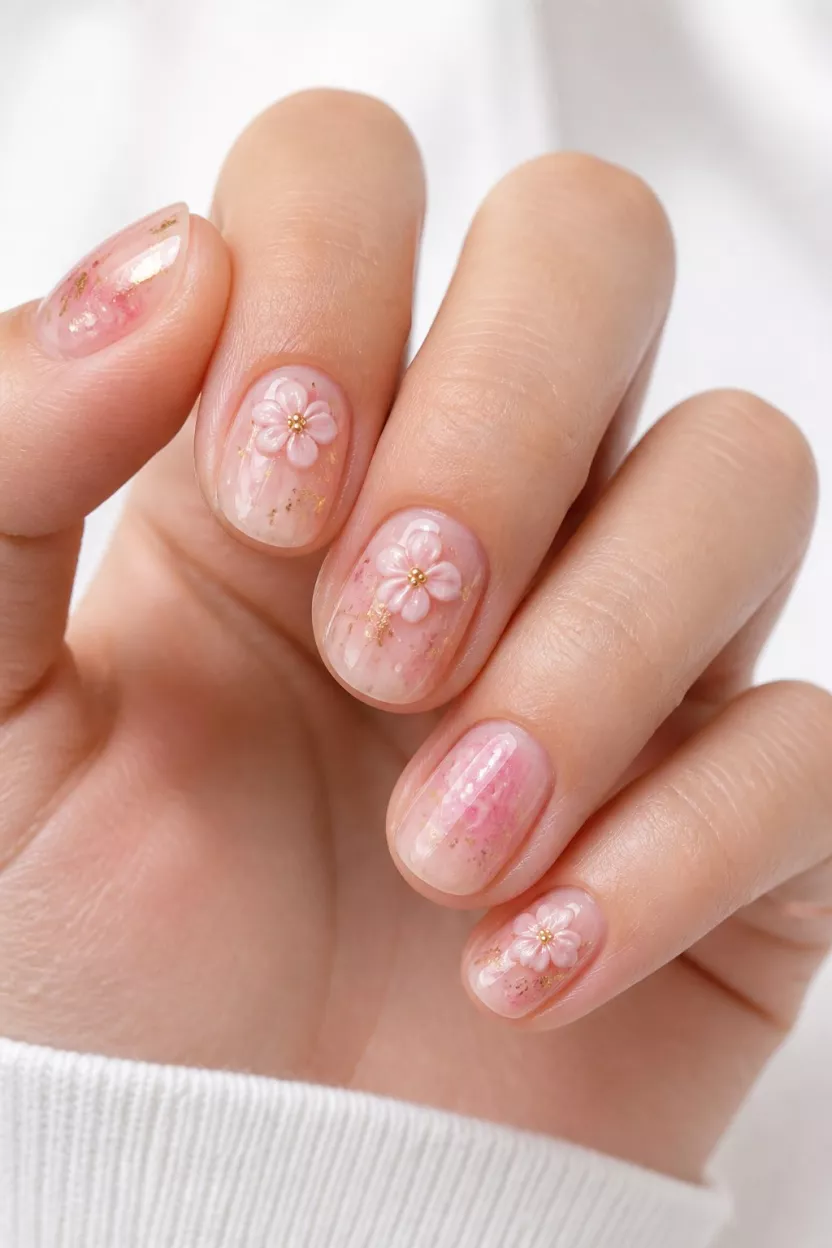 close-up shot of a woman’s hand with five fingers showing short, rounded nails with a sheer base, 3D pink flowers, gold foil accents, and marbled pink details, a bright backdrop.