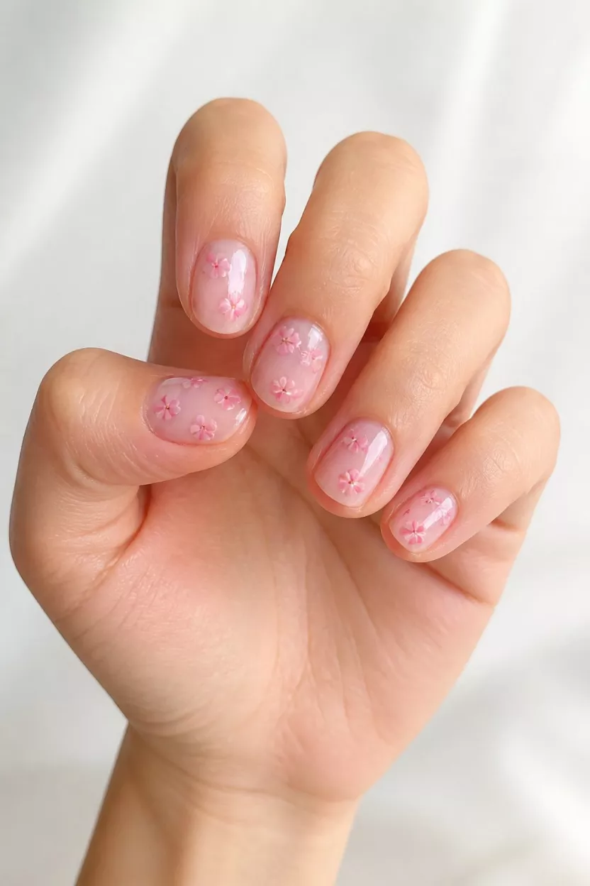 close-up shot of a woman’s hand with five fingers showing short, rounded nails with a sheer light pink base decorated with tiny, delicate pink four-petal flowers, a light, softly lit background.