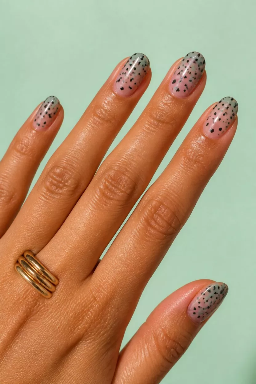 close-up shot of a woman’s hand with five fingers showing medium-length, rounded oval nails with pink jelly-like ovals over a mint green background with black spots, tanned skin.