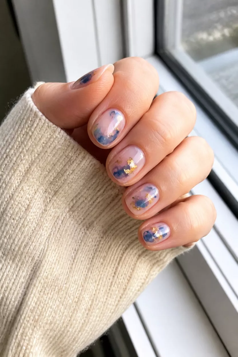 close-up shot of a woman’s hand with five fingers showing short, rounded nails with a sheer base and soft abstract watercolor accents in blue, purple, and gold leaf flecks, a window setting.