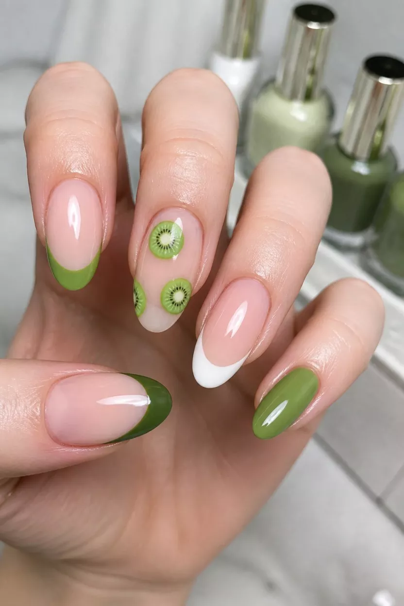 close-up shot of a woman’s hand with five fingers showing a variety of nail shapes including short green tips, fruit art, and French tips, nail polish bottles in the background.