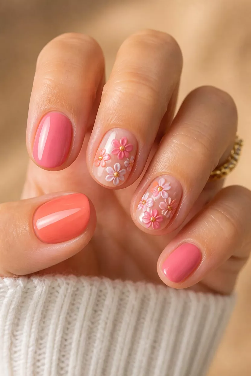 close-up shot of a woman’s hand with five fingers showing short, rounded nails with a nude base featuring textured pink and white flower decals flanked by solid coral and pink nails, warm lighting.