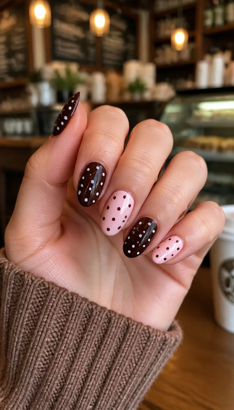 close-up shot of a woman’s hand with five fingers showing almond-shaped nails with two designs: dark brown with white polka dots and light pink with dark brown polka dots, coffee shop background.