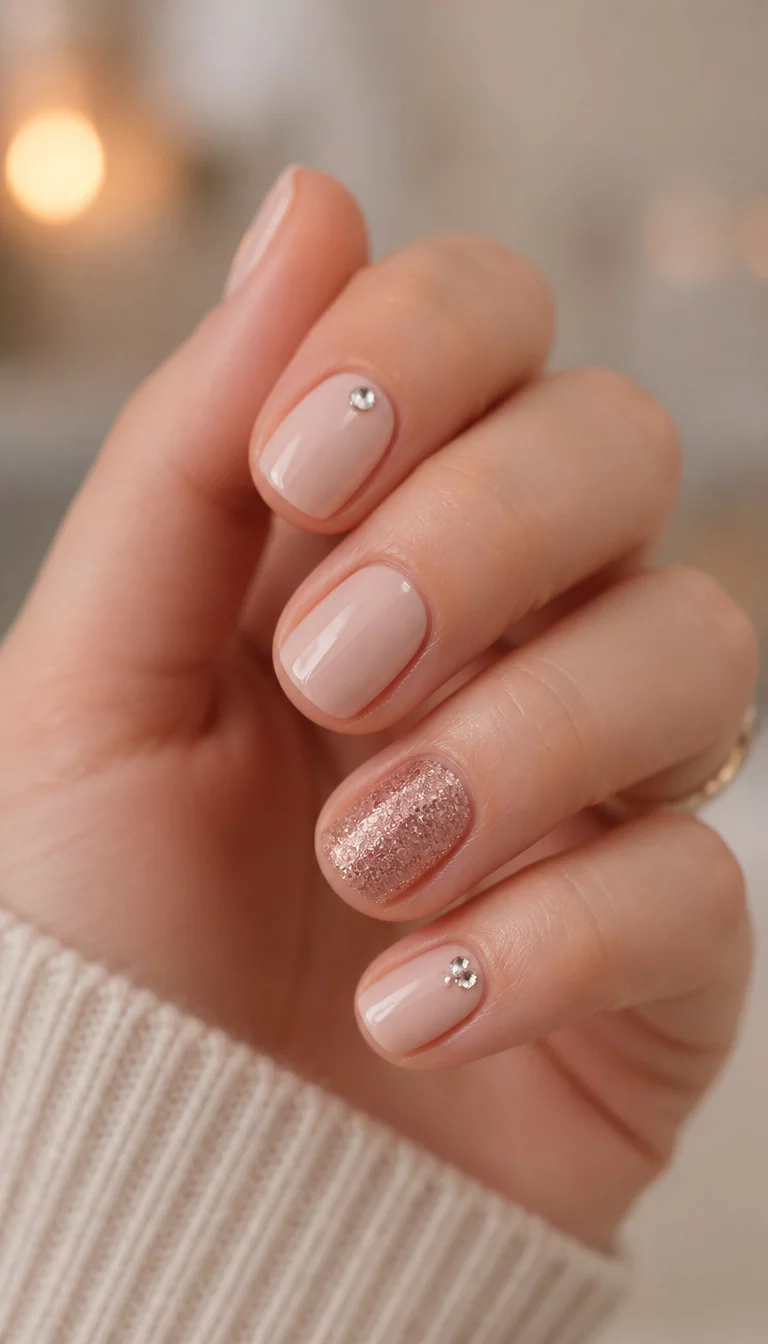 close-up shot of a woman’s hand with five fingers showing short nails with a neutral base, one accent nail with rose gold glitter, and two nails with small rhinestones, blurred soft lighting.