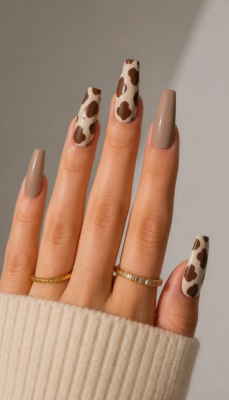 close-up shot of a woman’s hand with five fingers showing long coffin-shaped nails with a brown and beige cow print design paired with neutral polish, minimalist background.