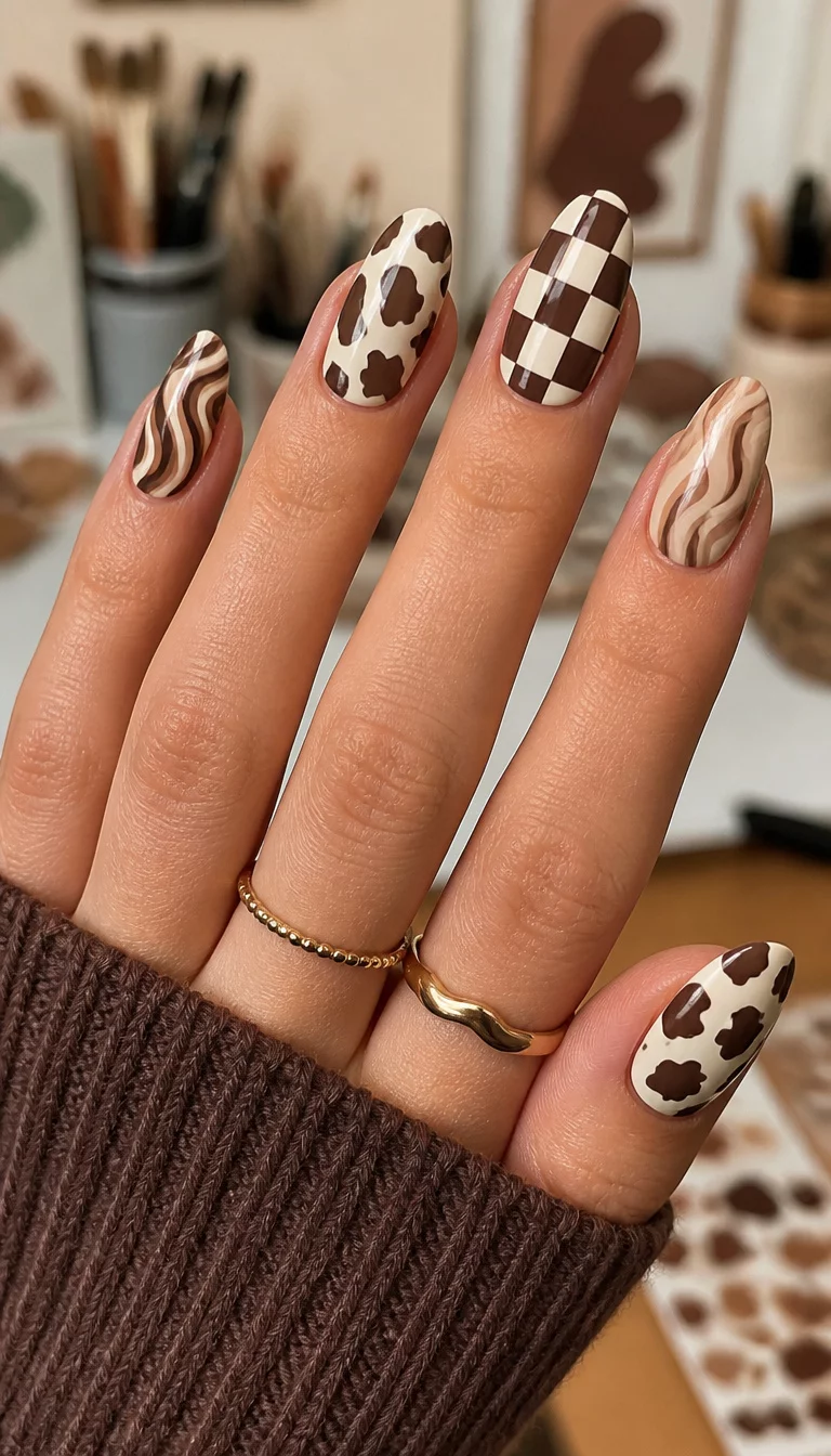 close-up shot of a woman’s hand with five fingers showing almond-shaped nails with cow print, checkered patterns, and wavy lines in brown and cream, artistic studio background.