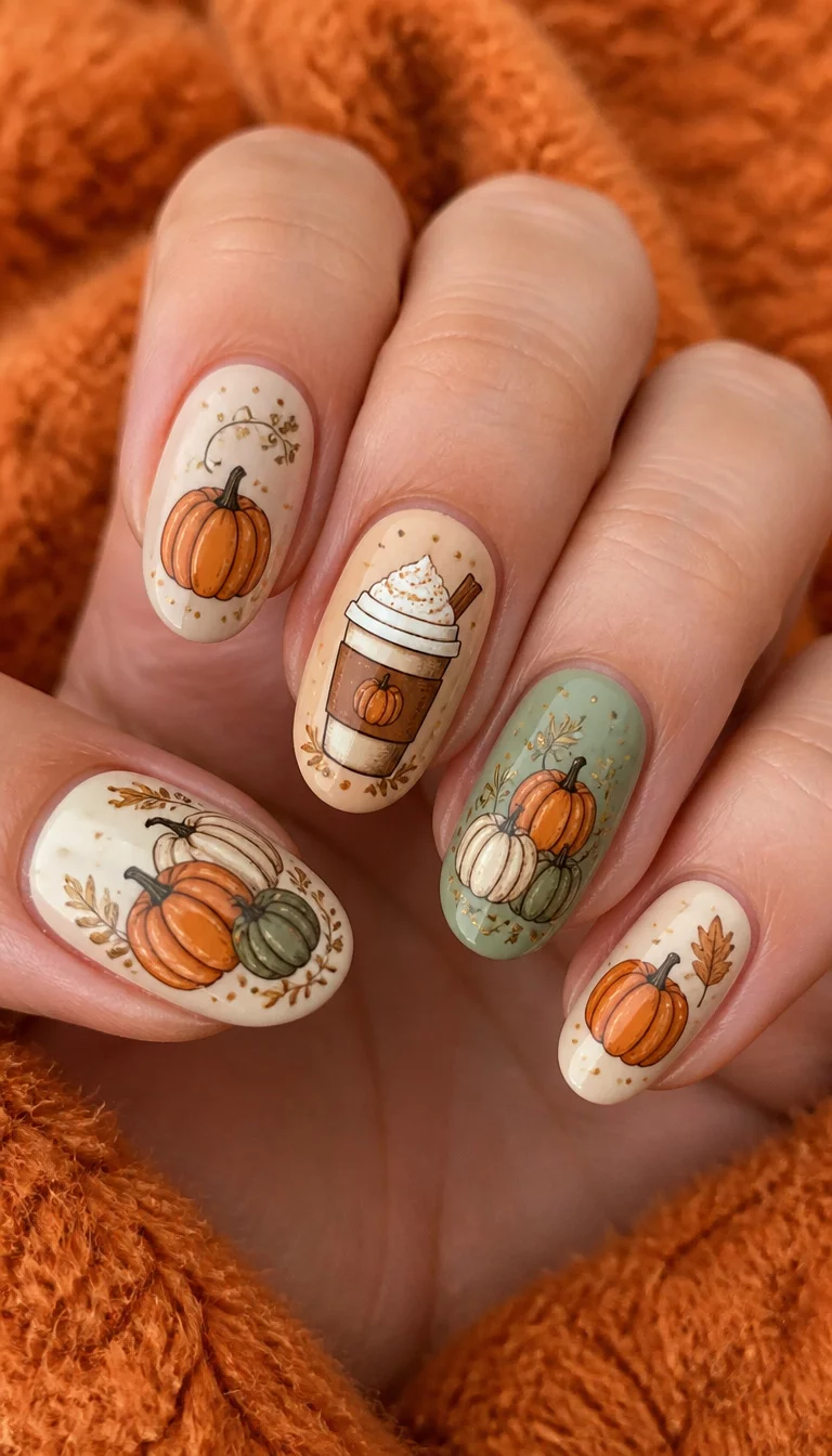 close-up shot of a woman’s hand with five fingers showing oval nails with fall illustrations of pumpkins and a pumpkin spice latte, fuzzy orange background.