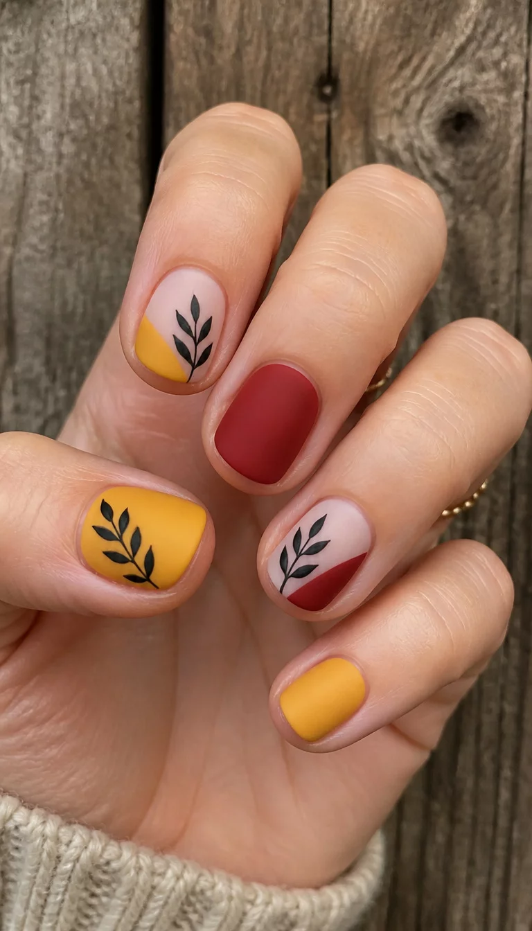 close-up shot of a woman’s hand with five fingers showing short matte nails in bold yellow and deep red with delicate black leaf designs on a sheer base, rustic wooden background.