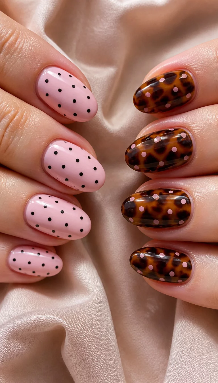 close-up shot of two sets of nails, the left featuring light pink nails with small black polka dots and the right with tortoiseshell-patterned nails with pink polka dots, soft fabric background.